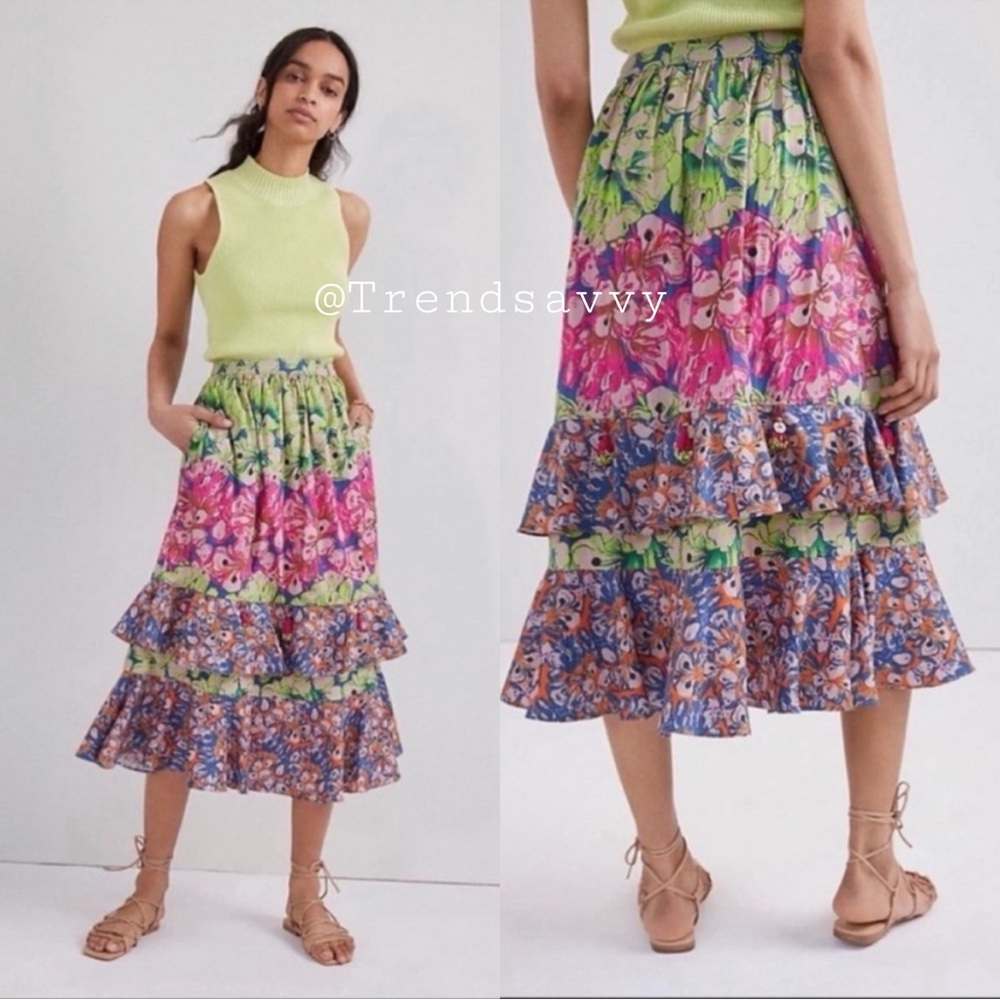 Anthropologie Roopa Pemmaraju Villa Tiered Midi Skirt Purple Floral Cotton M NWT